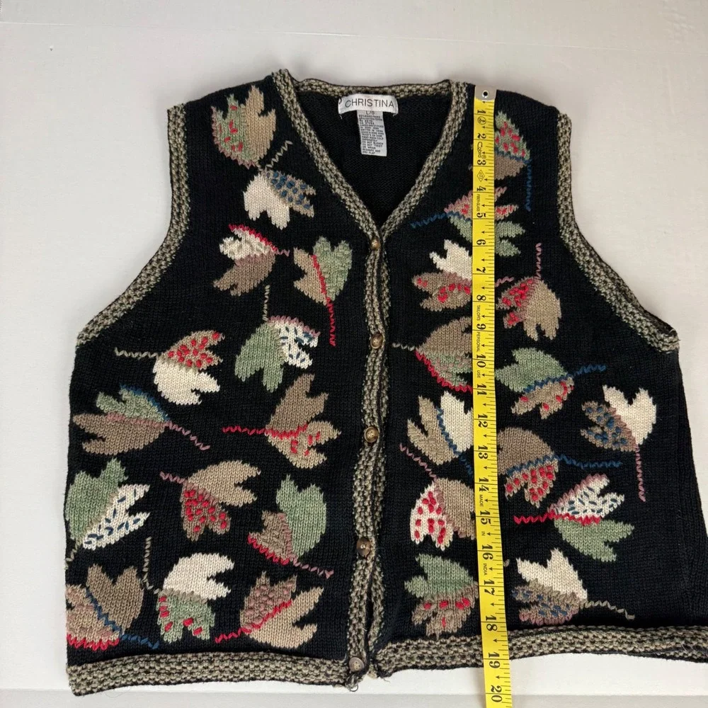 Christina Vintage Black Knit Leaf Sweater Vest Womens Ramie Cotton Fall M / L